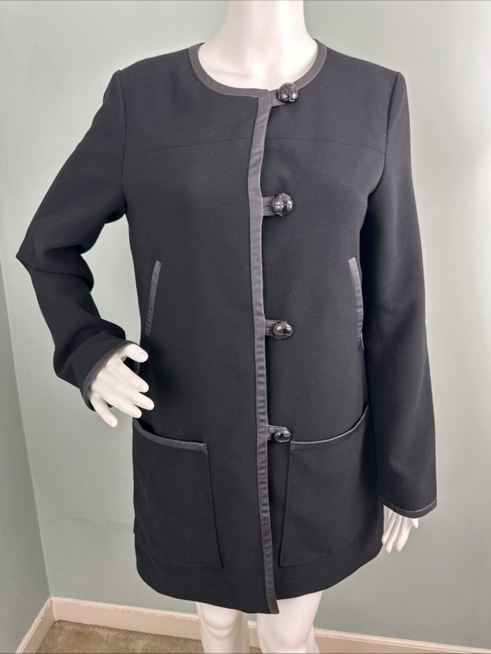 Banana Republic Factory Women's Blk Button Faux Leather Trim Dress Coat Sz Small